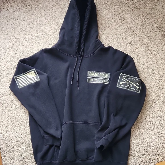 Grunt Style Black Hoodie with Patches - Picture 1 of 3